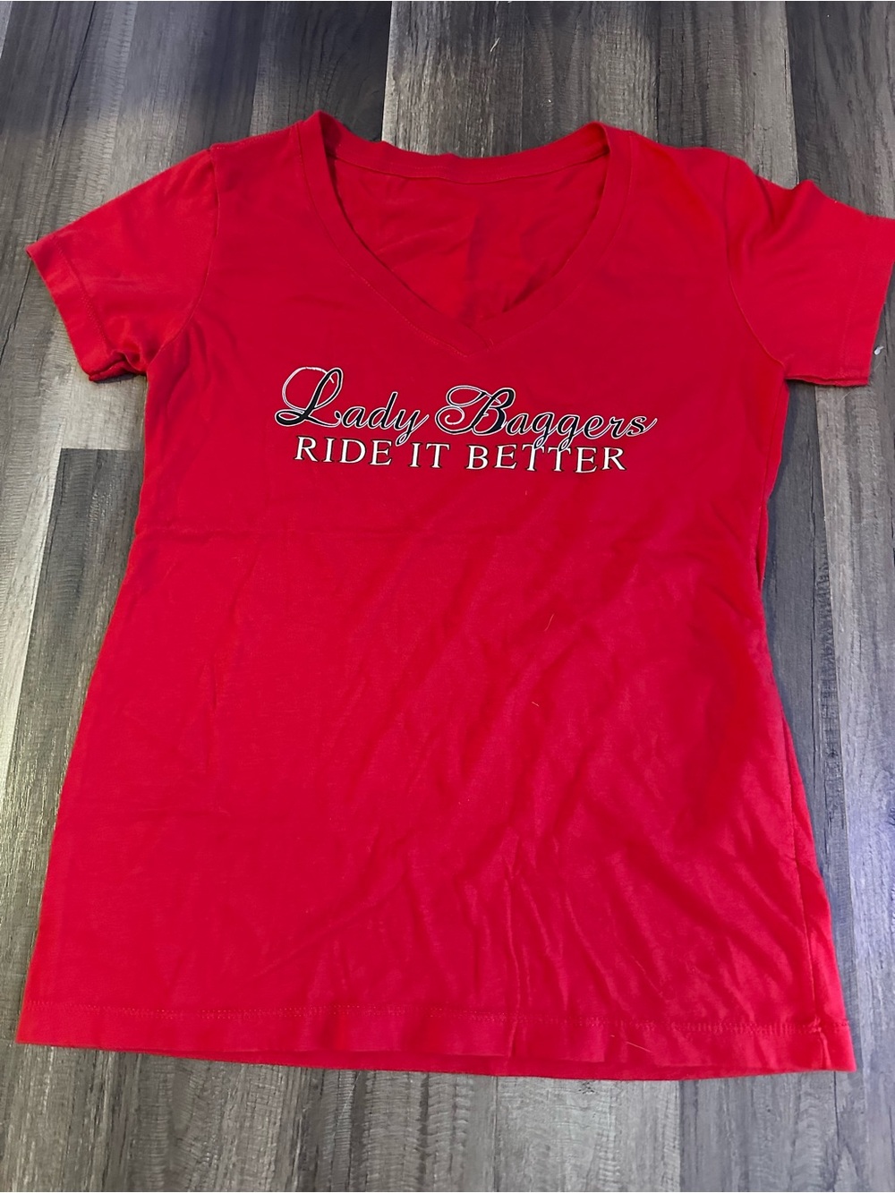 Lady Baggers Red V-Neck Tee - Ride It Better shirt.